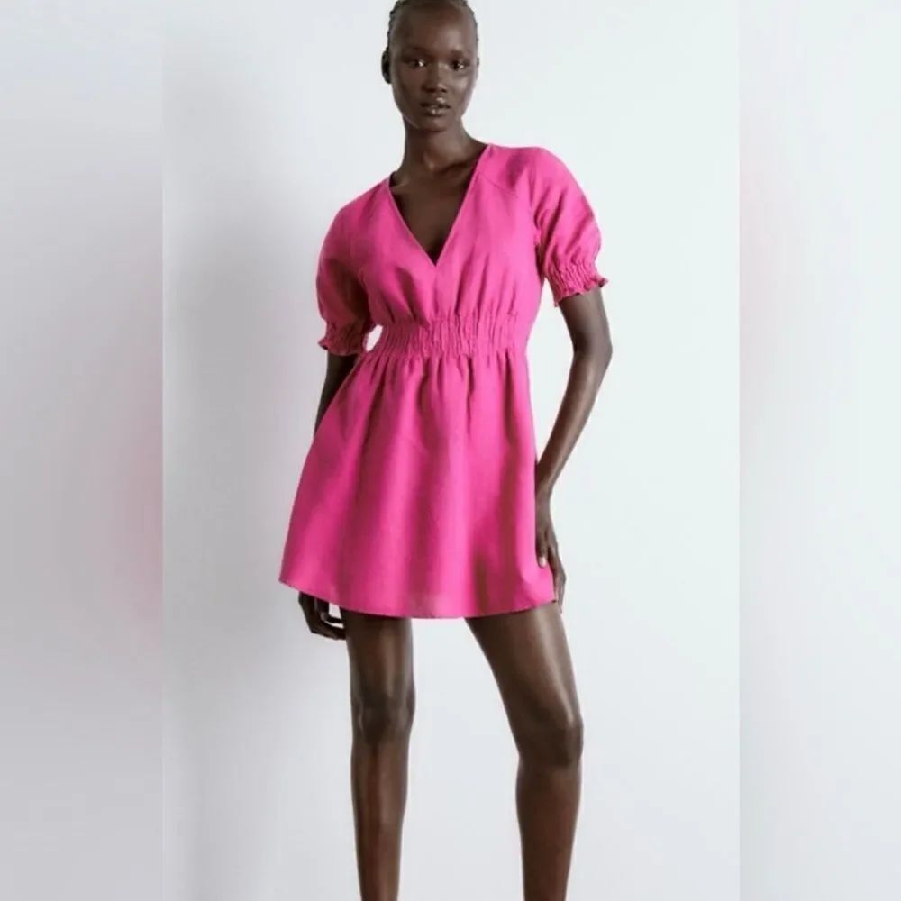 Zara Linen Blend Mini Dress With Elastic Waistband